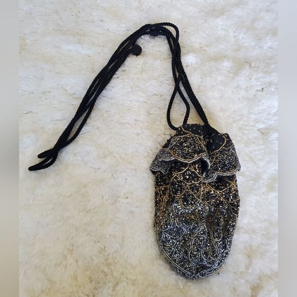 Vintage Black & Golf Beaded Draw String Hand Bag - Picture 1 of 8